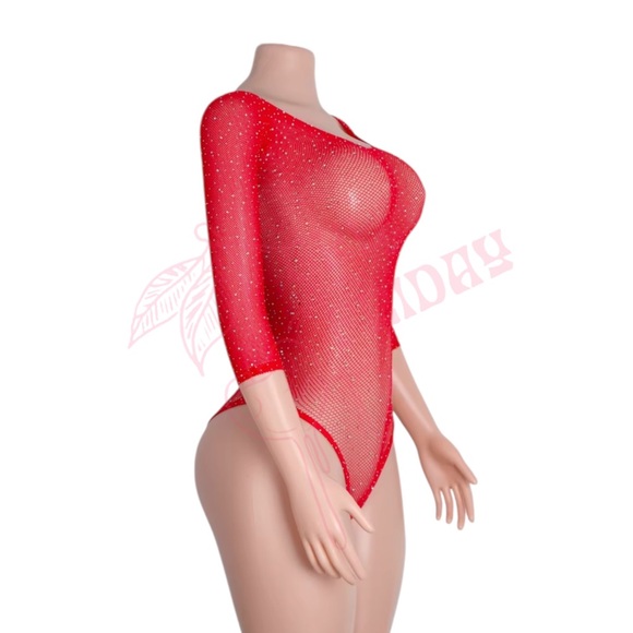 Cherry Red Rhinestoned Fishnet Bodysuit - EXOTIC DANCEWEAR - Picture 2 of 5